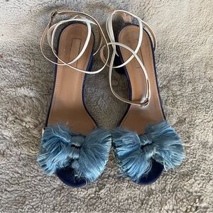 Aquazzura Blue and Tan Feathered Sandals